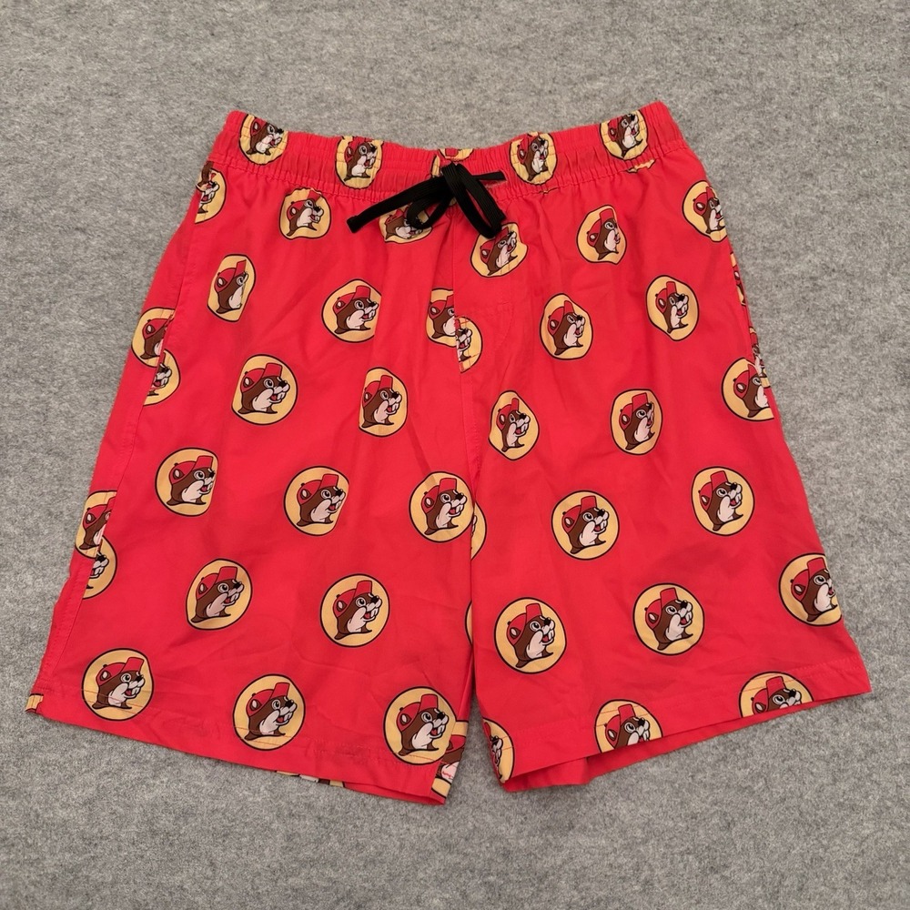 Buc-ee's Men's Swim Trunks Shorts Red Yellow Beaver Logo Beach Lined Size S
